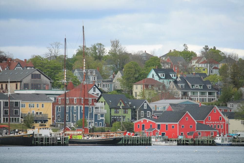 Colourful waterfront buildings in a Nova Scotia harbour town